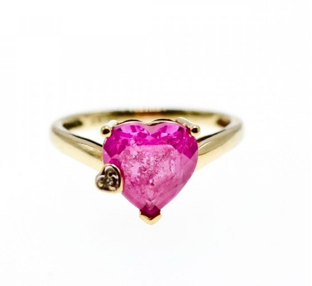 10K Yellow Gold Pink Topaz & Diamond Heart Ring Size 8